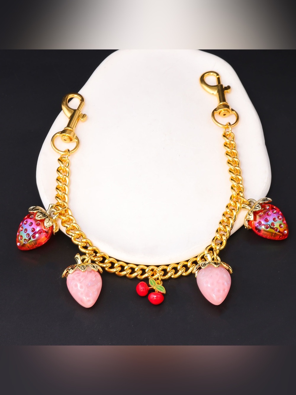 Gold Strawberry & Cherry Charm Bracelet - Women Jewelry